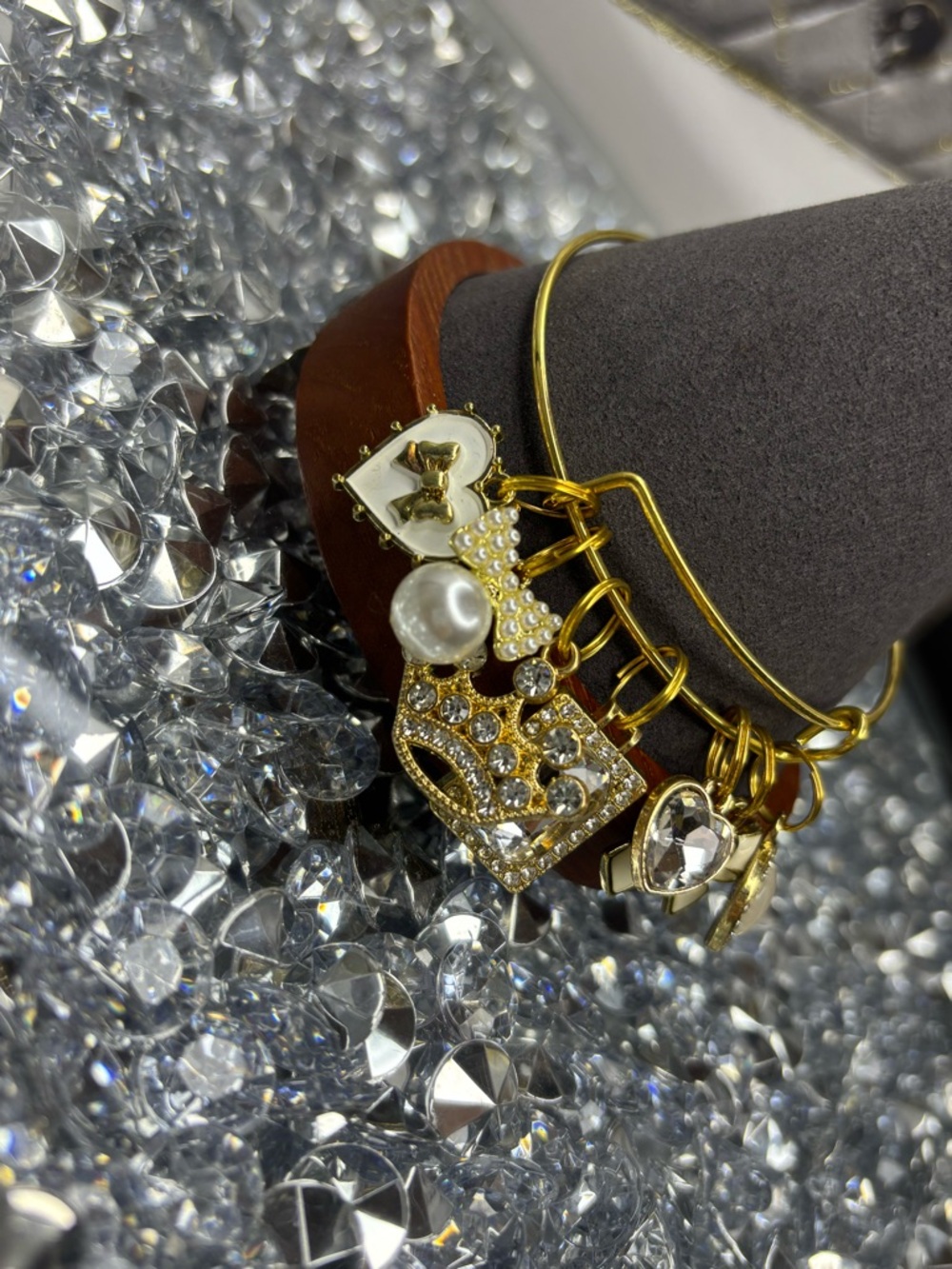 Gold Tone Charm Bangle Bracelet with Crystal & Pearl Accents - Picture 3 of 7